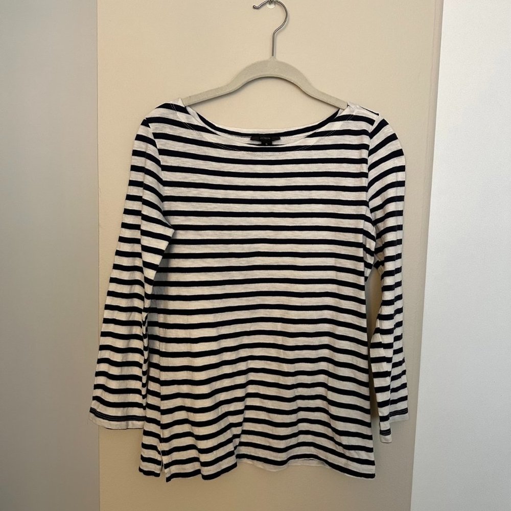 JCrew White & Navy Stripe Boatneck 3/4 Sleeve Shirt
